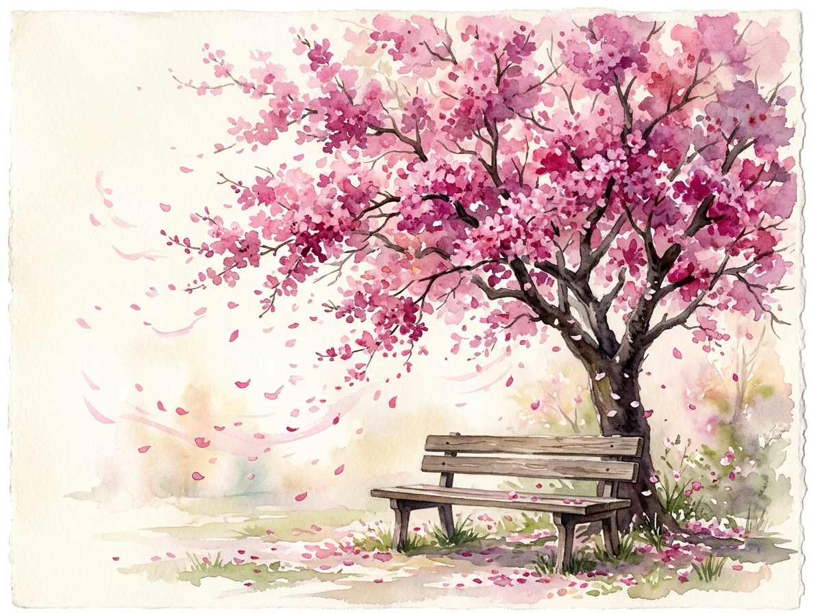 Painting of blooming tree with bench